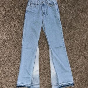 reworked blue acid wash flared denim